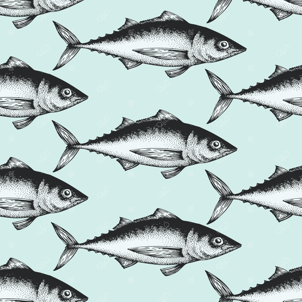 الگوی یکپارچه غذاهای دریایی با طرح دست‌کشیده ماهی‌ها