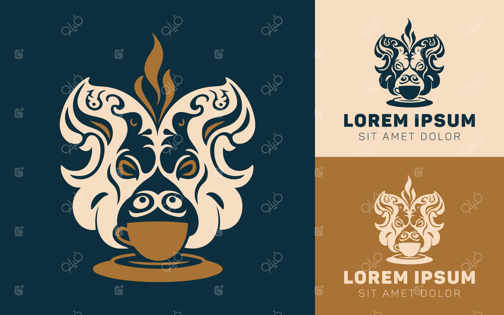 لوگوی گاو بالی به سبک الهام گرفته شده همراه با آیکون‌های کارتونی قهوه