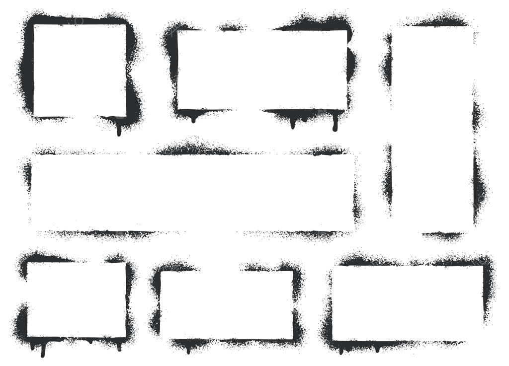 قالب های شابلونی گرافیتی با رنگ اسپری: مجموعه بردار بنر رنگ آمیزی سیاه، پس زمینه شابلون و حاشیه های بافت اسپری