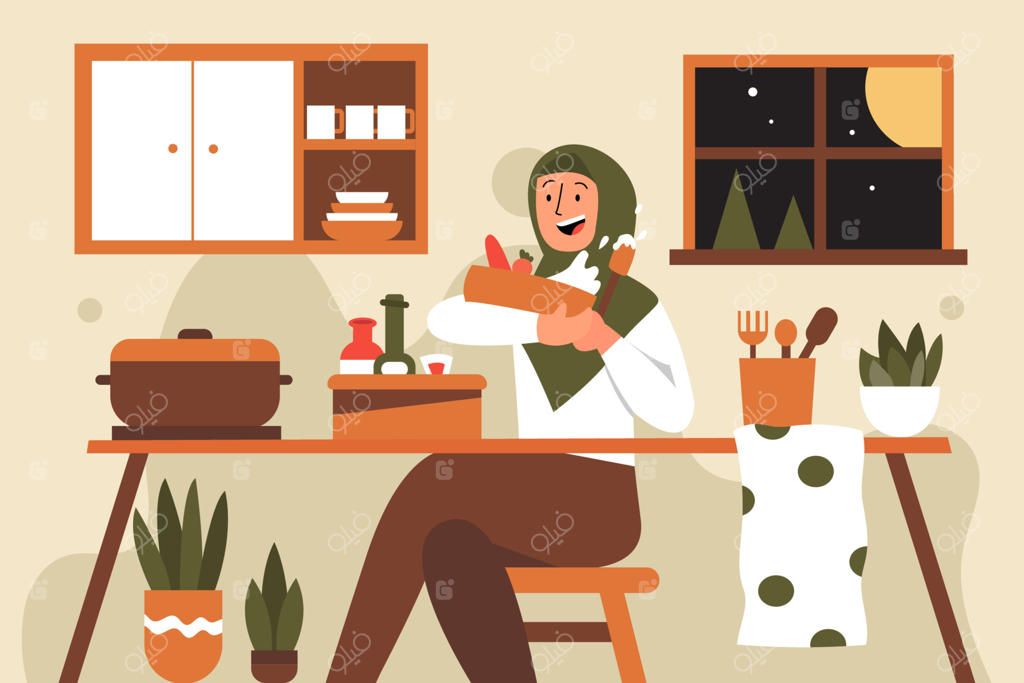 تصویرسازی صاف زن محجبه در حال آشپزی