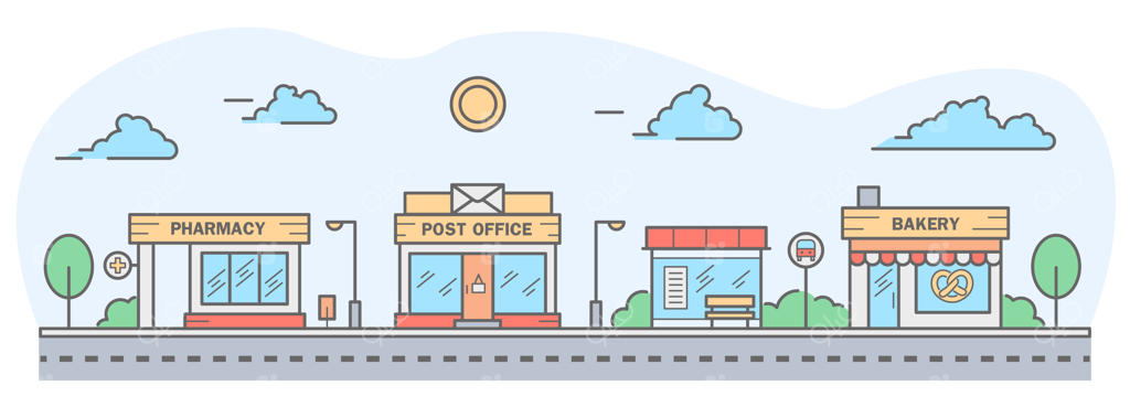 چشم‌انداز شهر با خانه‌های ردیفی، نانوایی، داروخانه، ایستگاه اتوبوس و اداره پست در خیابان