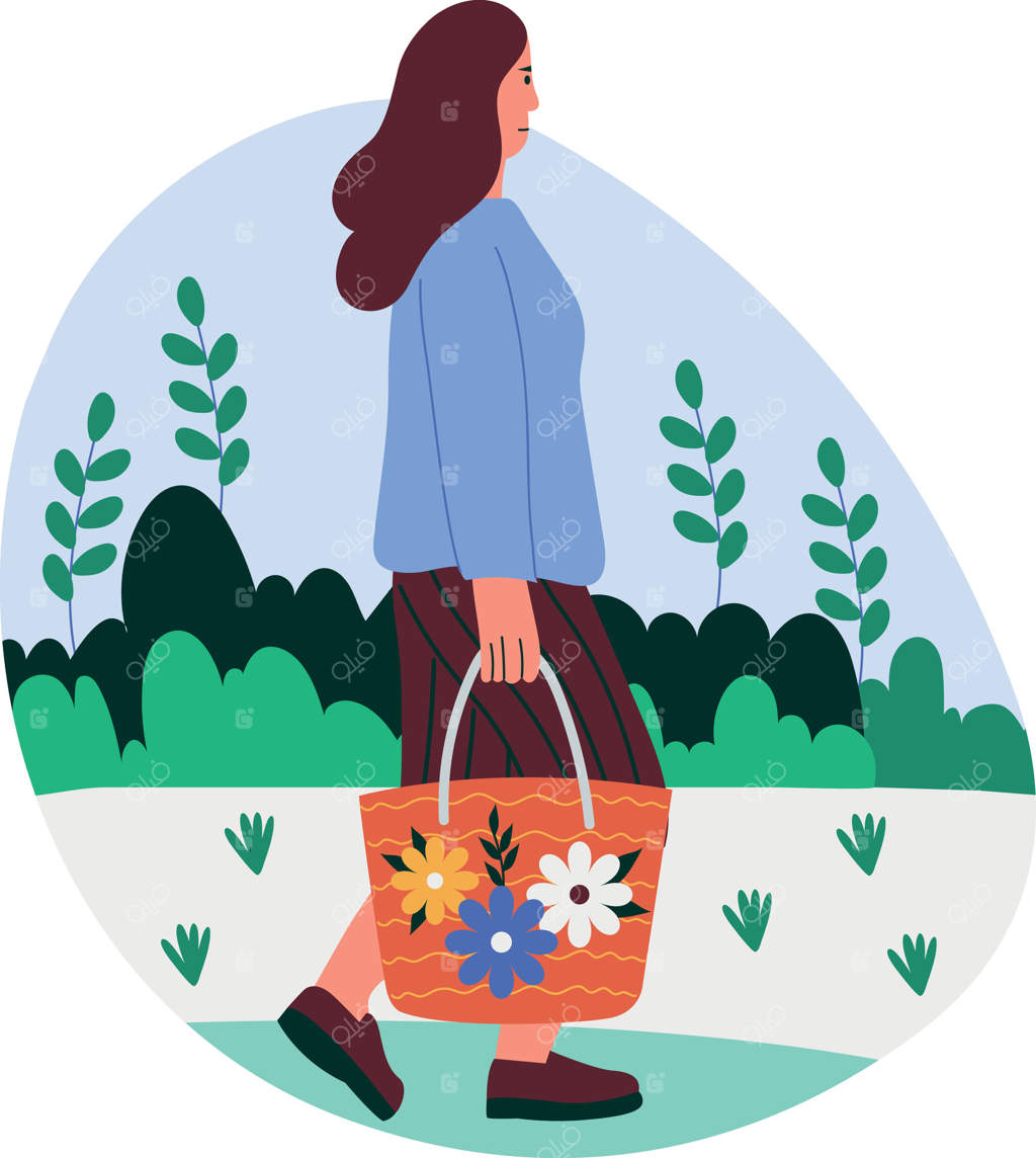 زنی در بهار در حال قدم زدن در باغ - تصویر به سبک فلت