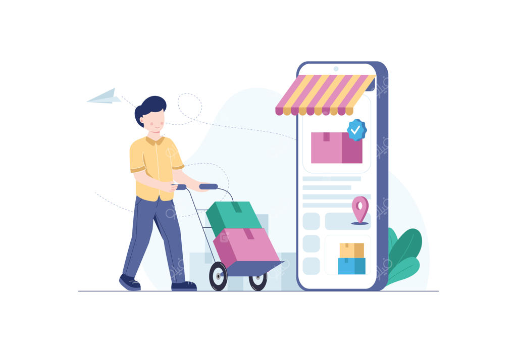 مفهوم خدمات حمل و نقل بسته و تحویل کالا از فروشگاه آنلاین به همراه شخصیت‌های کارتونی در تصویرسازی رنگی