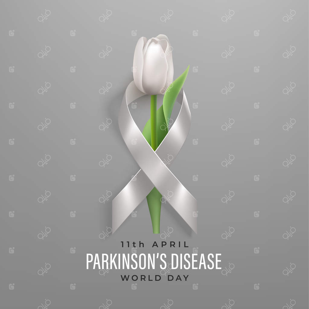 پوستر روز جهانی بیماری پارکینسون با روبان خاکستری و گل لاله سفید.
