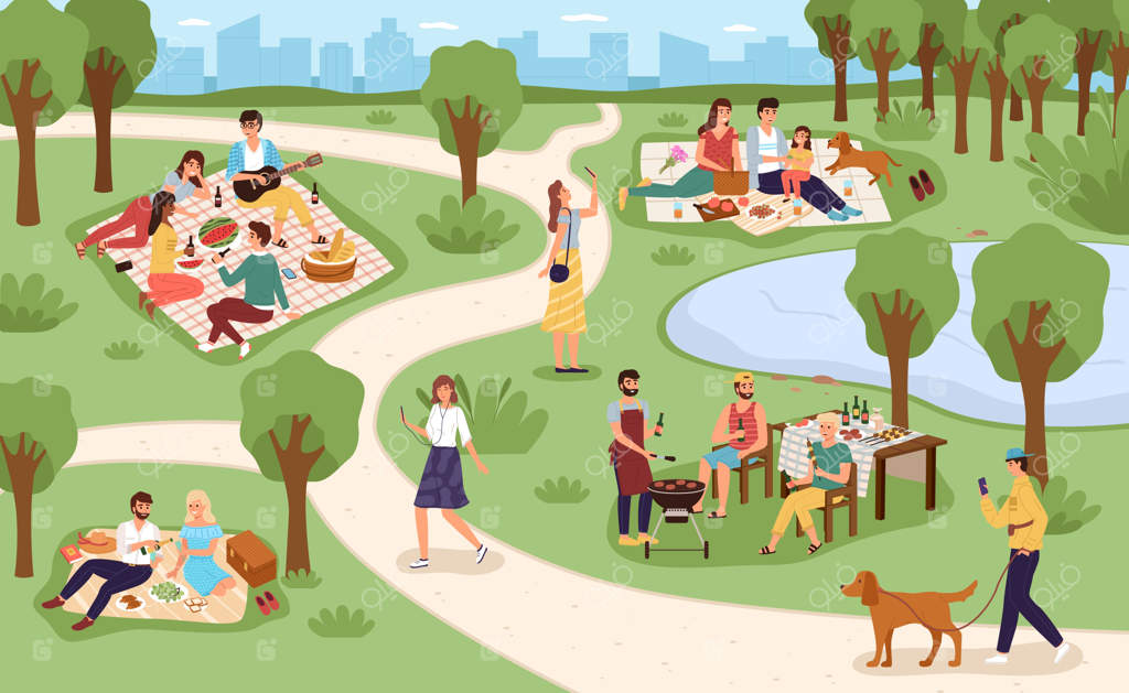 پیک نیک در پارک: استراحت خانوادگی در پارک شهر، خوردن و نوشیدن در دل طبیعت، گفتگو با دوستان بر روی چمن، آرامش تابستانی در فضای باز، مهمانی باربیکیو آخر هفته. مفهوم کارتونی رنگارنگ و شاد