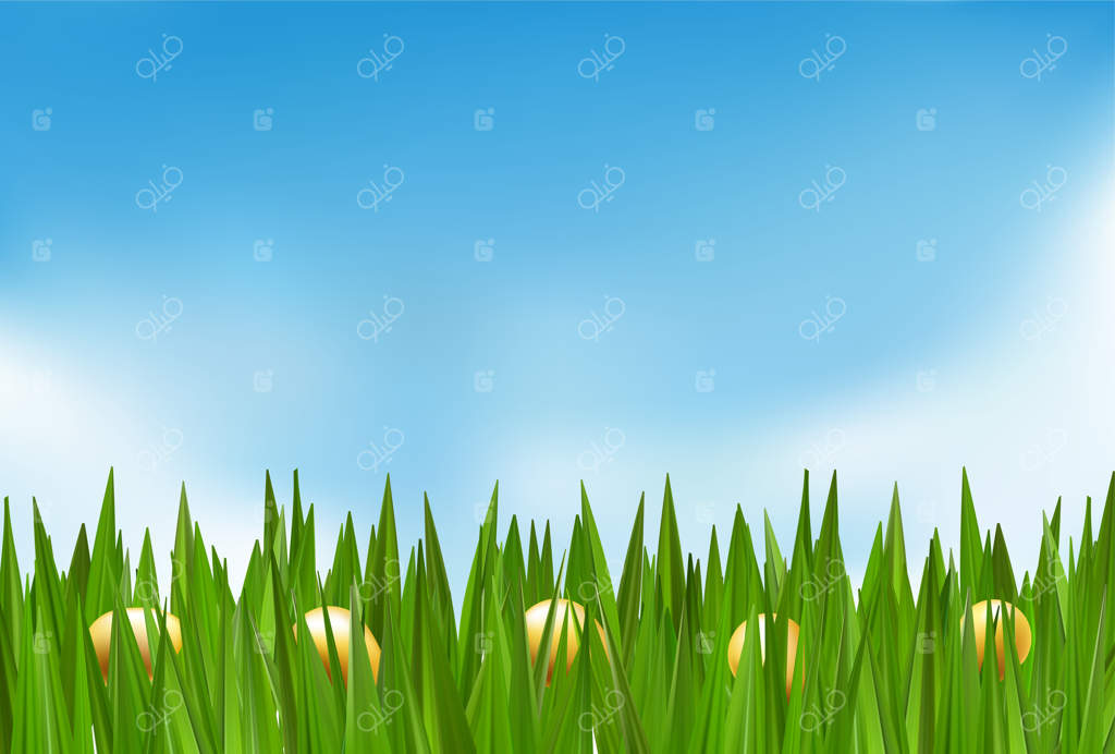 سبد تخم‌مرغ‌های طلایی عید پاک در چمنزار سبز. پس‌زمینه عید پاک در بهار با رندر سه‌بعدی. بنر تزئینی شکار شکلات در دشت شاد. طراحی کارت آسمان آخر هفته. مفهوم هدیه باغ در روز آفتابی.