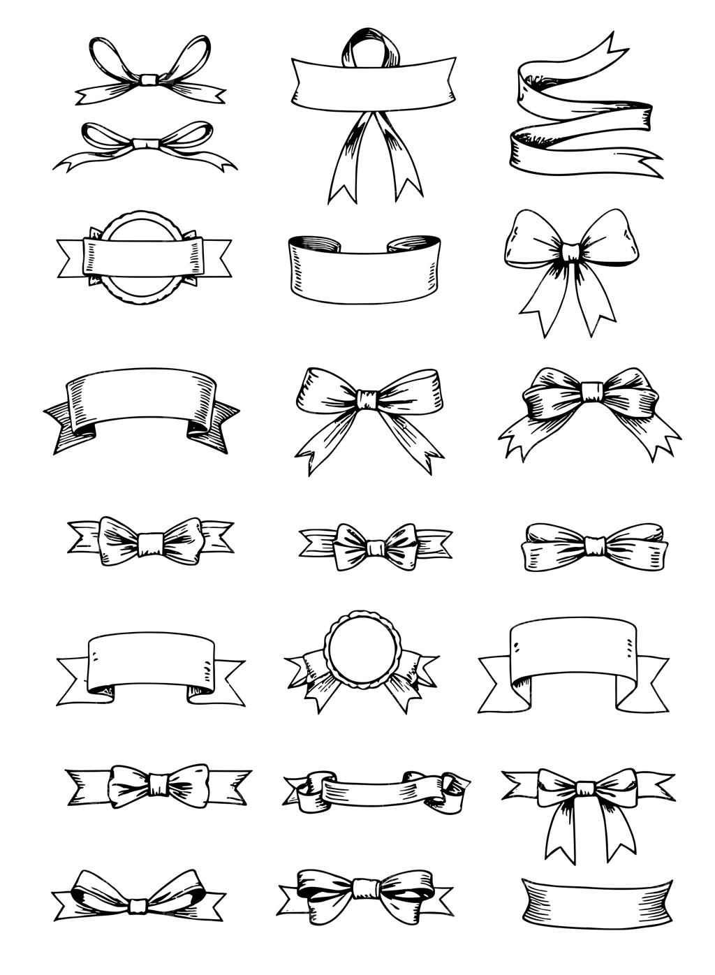 مجموعه وکتور طرح دستی پاپیون، لیبل، نشان و بنرهای روبانی با سبک حکاکی