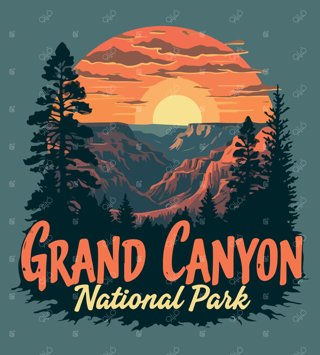 طرح تیشرت پارک ملی گرند کنیون با پس‌زمینه درختان و کوه‌ها