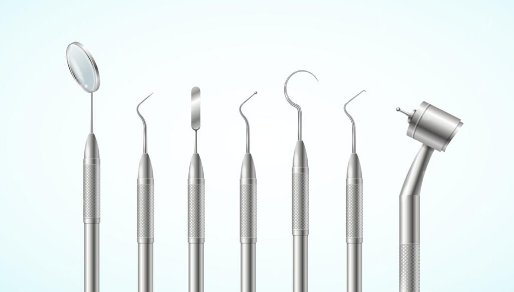 مجموعه واقع‌گرایانه و دقیق تجهیزات سه‌بعدی دندانپزشکی. وکتور