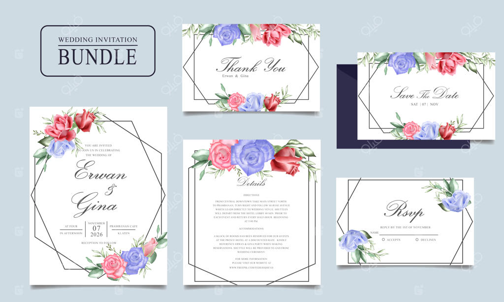 بسته کارت دعوت عروسی با قالب گل‌ها و برگ‌های آبرنگی