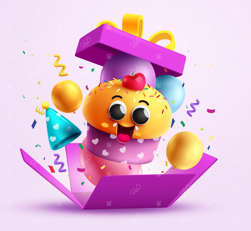 طرح مفهومی کیک تولد: شخصیت کیک در جعبه سورپرایز با بادکنک‌ها