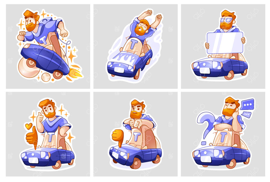 برچسب کارتونی مردی که در حال رانندگی با ماشین آبی است و تابلویی که کلمه‌ای روی آن نوشته شده