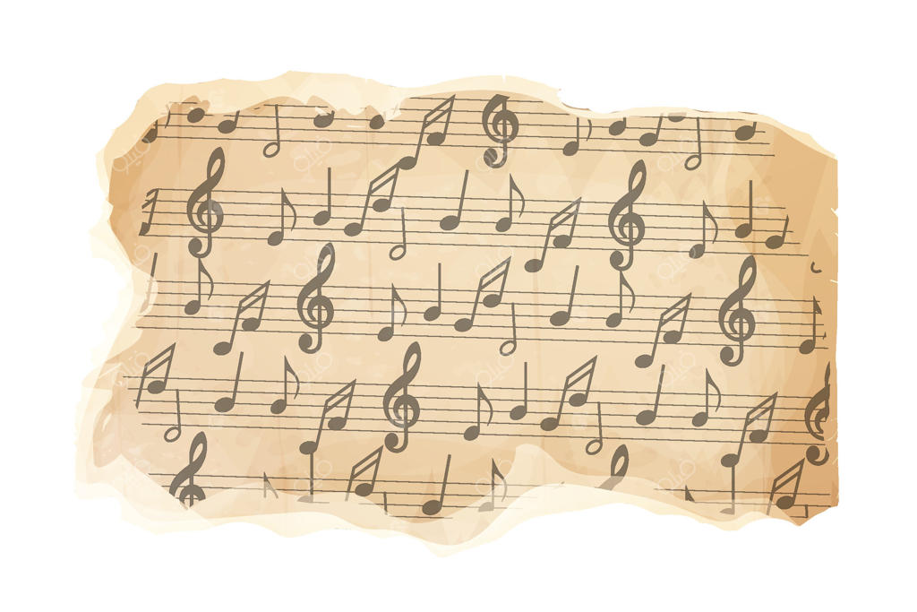 تکه کاغذ پوستی با ملودی قدیمی موسیقی، صفحه دفترچه یادداشت آهنگ، عنصر طراحی، قاب.