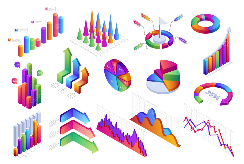 چیدمان ارائه وکتور سه‌بعدی اینفوگرافیک‌های ایزومتریک، نمودارها، نوارهای پیشرفت و جداول آمار و تحلیل کسب و کار و مالی با اشکال انتزاعی