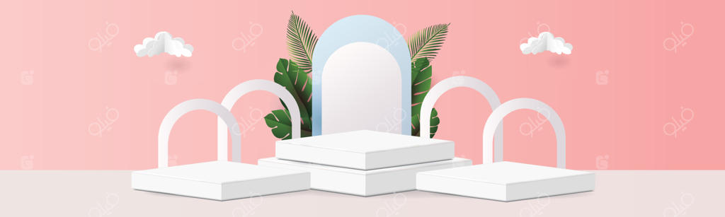 ماکت سکوی هندسی سه‌بعدی با مفهوم برگ‌های گرمسیری برای نمایش محصول در زمینه آبی و صورتی - صحنه‌ی مینیمال و انتزاعی برداری