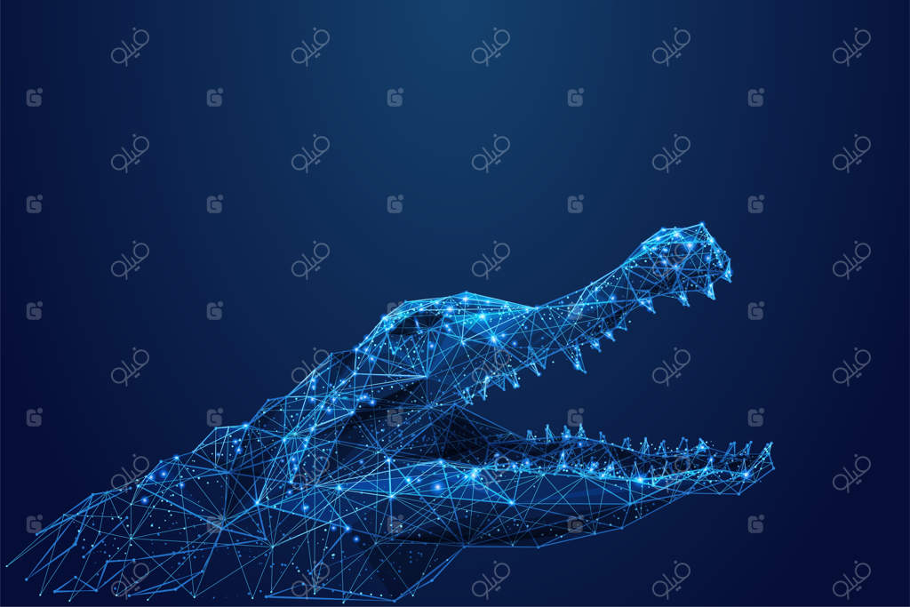 تصویر دیجیتال قاب سیمی کروکدیل: کروکو با چشمی در سبک چندضلعی، پس‌زمینه حیوان چندضلعی