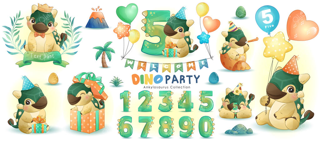 مهمانی تولد دایناسور بامزه با تصویر آبرنگی و شماره‌گذاری شده