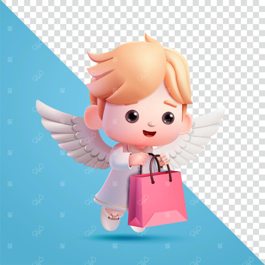 کودک فرشته‌وار بامزه با کیسه‌های خرید، سه‌بعدی. مناسب برای رویدادها، تبلیغات، ولنتاین و عشق
