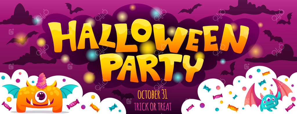 بنر هالووین با هیولاهای بامزه برای جشن کودکان به همراه تصویرسازی کارتونی و کدو تنبل‌ها