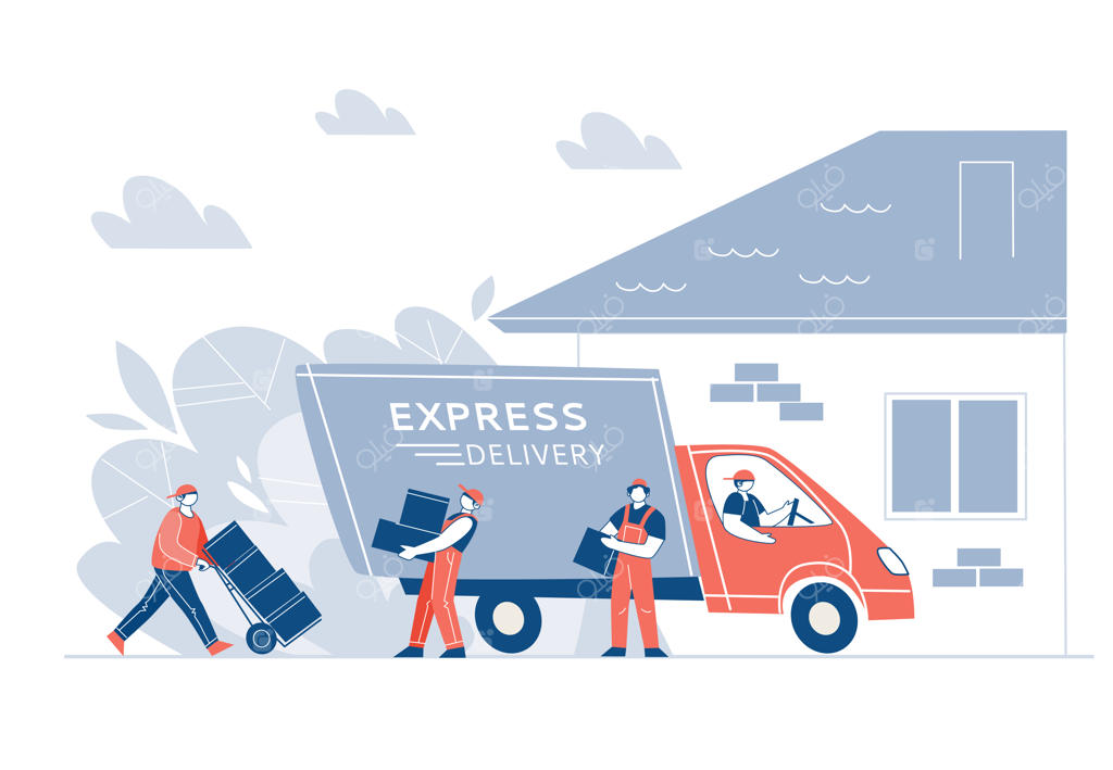 تحویل کالا در خانه با کامیون: مفهوم ارسال سریع. کارگران در حال تخلیه ون و حمل جعبه‌ها. تصویرسازی وکتوری.