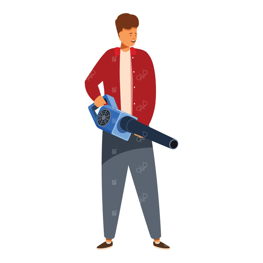 باغبان در حال جمع‌آوری برگ‌ها با دمنده در پاییز