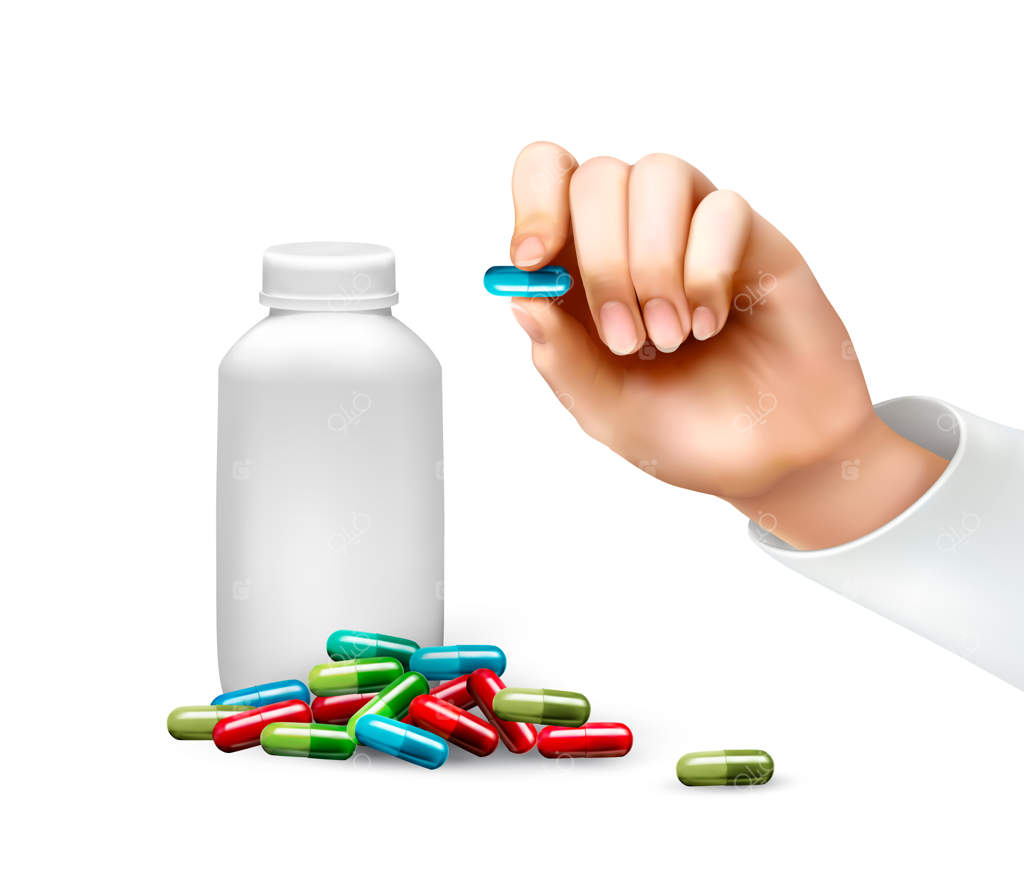 دست، قرصی و بطری قرص‌ها را نگه داشته است.