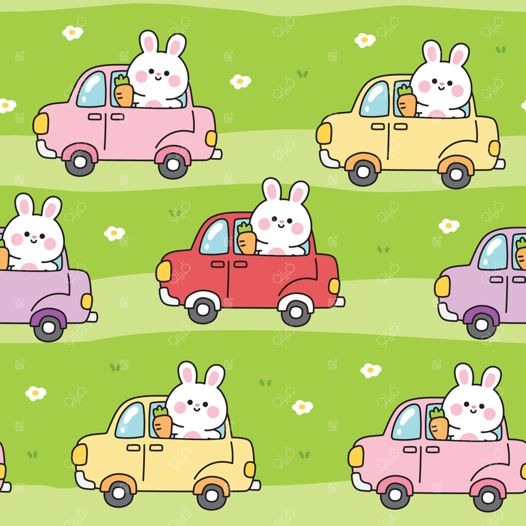 الگوی یکپارچه خرگوش بامزه با هویج در پس‌زمینه جنگل و گل. شخصیت کارتونی حیوان جونده. طراحی دستی و بامزه.