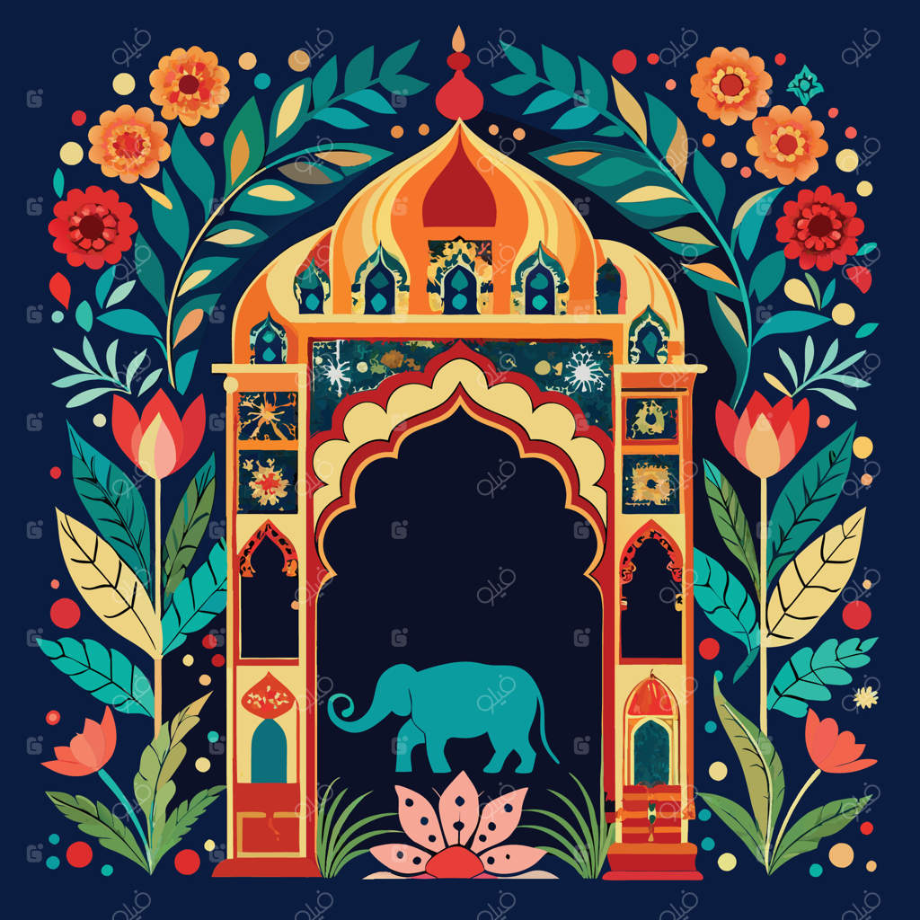 طاق معماری مغولی با نقوش گل‌های تزئینی و صحنه‌ای از باغ آرام