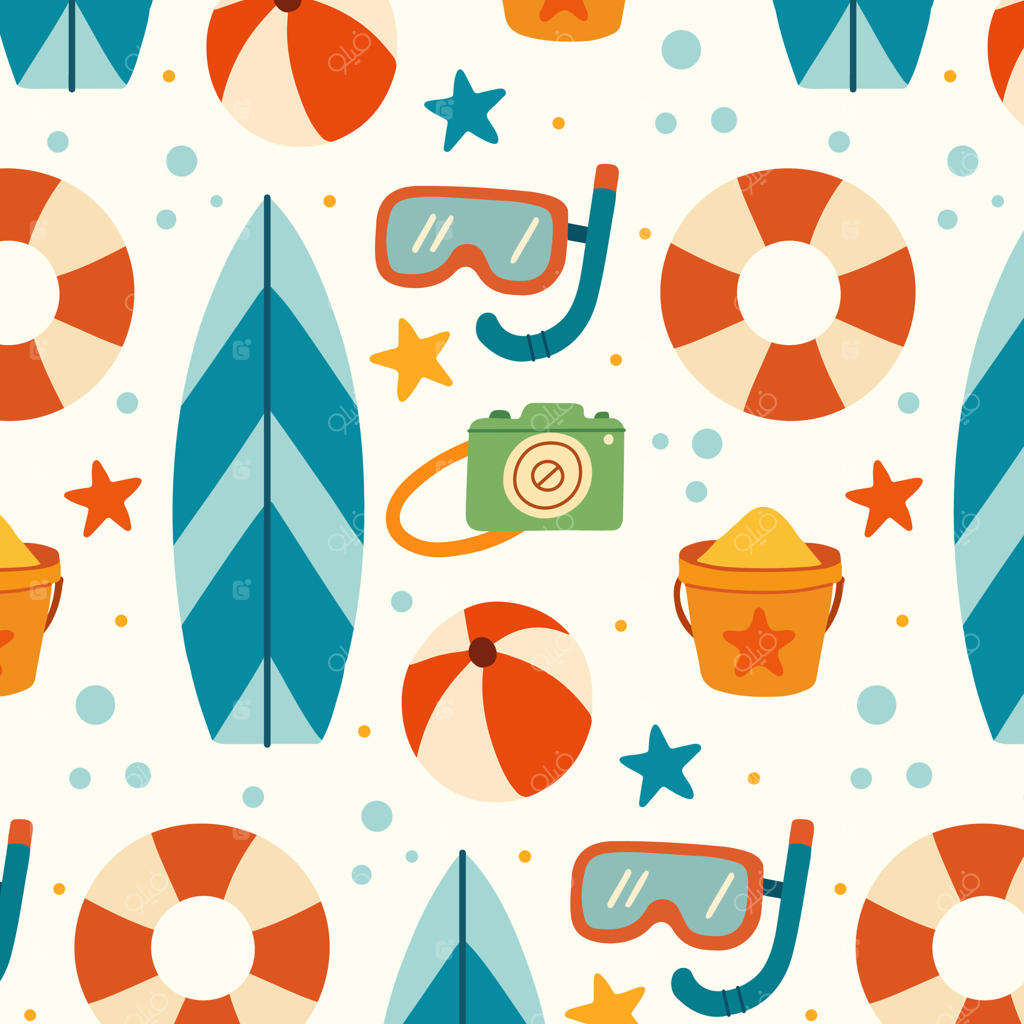 پترن تابستانی رنگارنگ ساحلی با تخته‌های موج‌سواری و تجهیزات وکتور حرفه‌ای