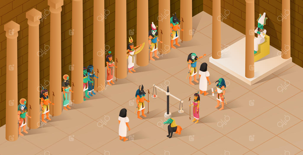 تصویرسازی وکتور ایزومتریک صحنه قضاوت اوزیریس در مصر باستان برگرفته از کتاب مردگان، با ترازوی بزرگ و گناهکار