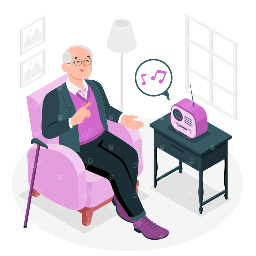 طرح مفهومی پیرمرد در حال گوش دادن به رادیو