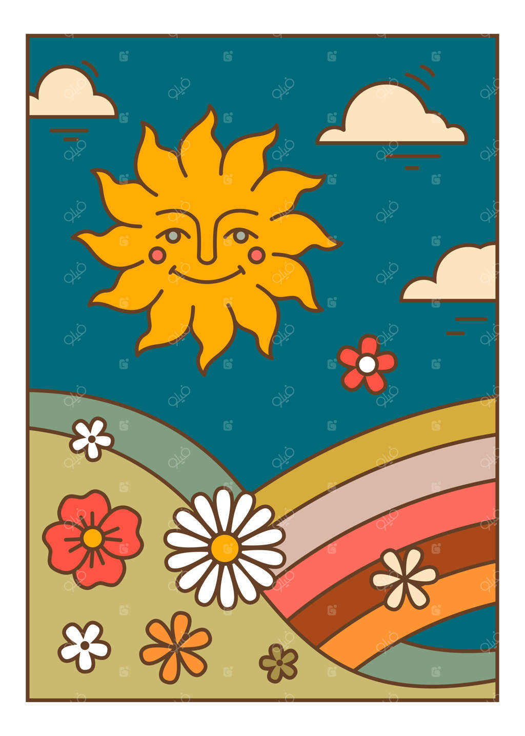 خورشید خندان بالای چمنزار و رنگین‌کمان