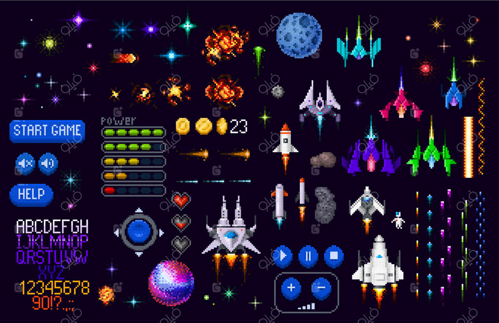 بازی فضایی، هنر پیکسلی ۸ بیتی: سیارات و موشک‌ها