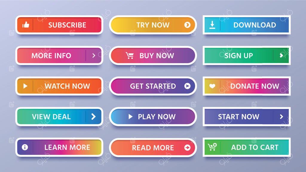 دکمه‌های گرادینت رنگارنگ: ست دکمه های وب زنده با آیکون، فلش، ورود و اشتراک در قالب وکتور مجزا