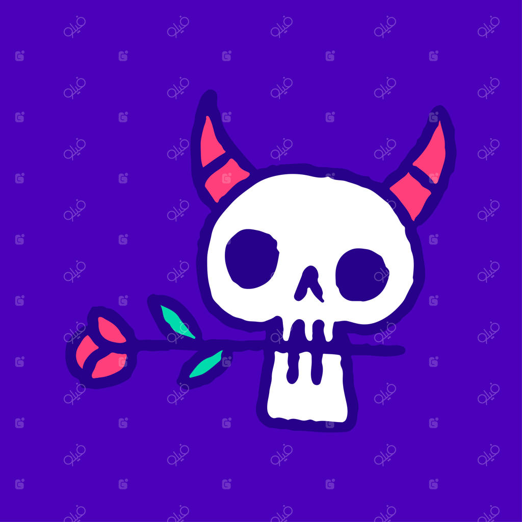 کارتون جمجمه شیطان با گل رز، طراحی برای تیشرت و استیکر.