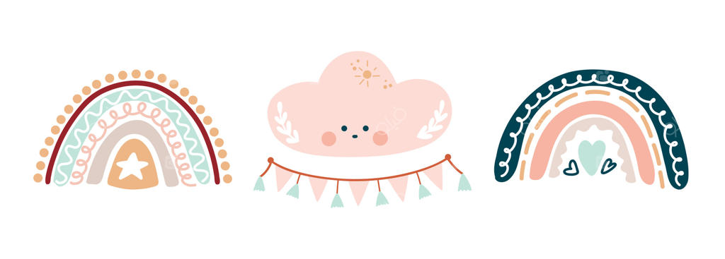 کلیپ‌آرت سبک بوهو برای تزیین اتاق کودک با طرح‌های بامزه رنگین‌کمان، ماه، خورشید و ابر؛ مناسب برای جشن تولد، استیکر و کارت پستال