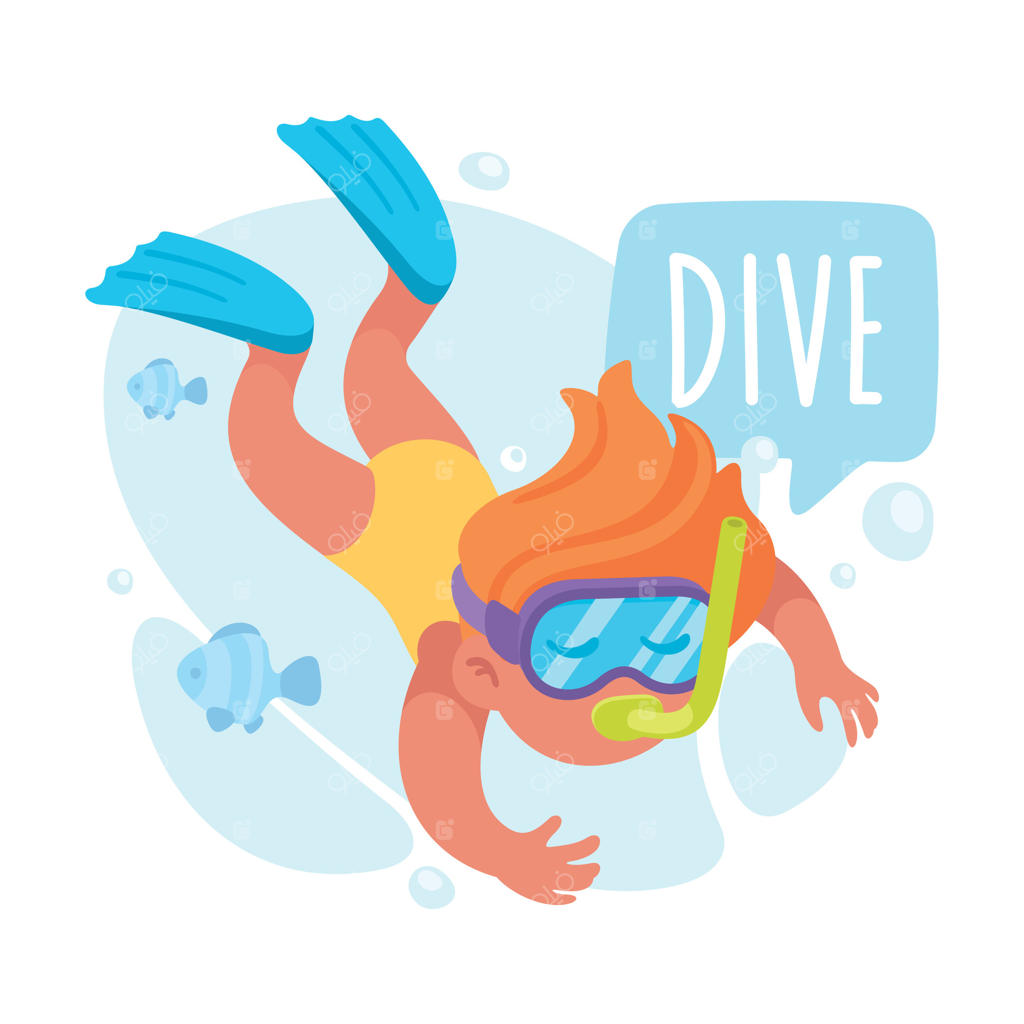 تصویرسازی دختربچه در حال غواصی با لوله تنفسی برای آموزش افعال و واژگان فعالیت‌ها