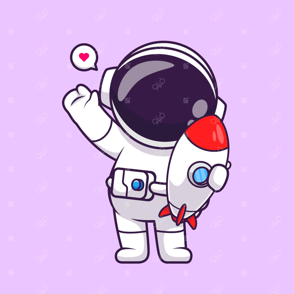 تصویر وکتور کارتونی بامزه از فضانورد با موشک. مفهوم آیکون علم و فناوری فلت