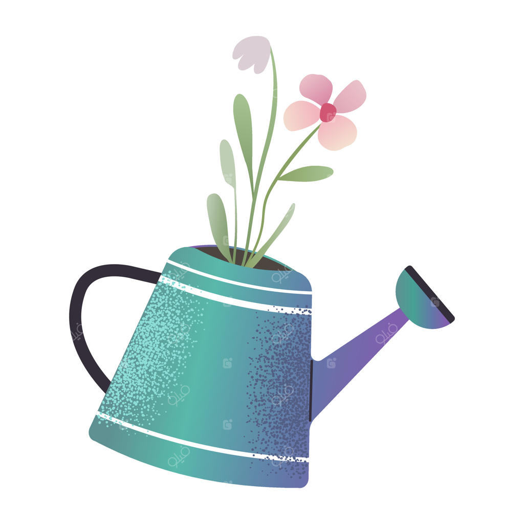 آب‌پاش بامزه با گل‌ها. وسایل باغبانی. عنصر طراحی بهاری و گیاه‌شناسی