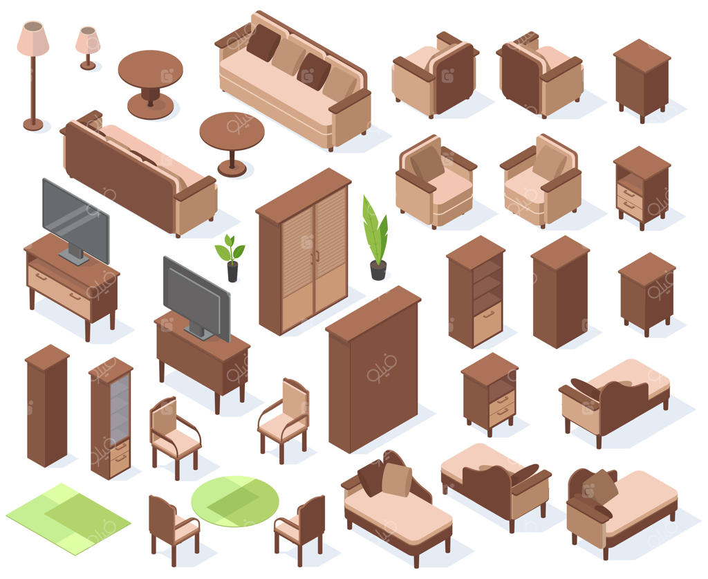 مبلمان ایزومتریک اتاق نشیمن، کاناپه، صندلی و میز؛ مجموعه تصویرسازی المان‌های آپارتمانی با دکوراسیون مدرن، مبل راحتی و میز جلو مبلی