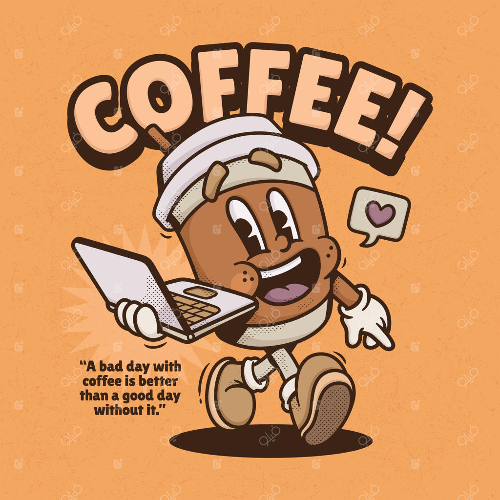 شخصیت کارتونی فنجان قهوه بامزه با لپ‌تاپ در راه به کافه نزدیک
