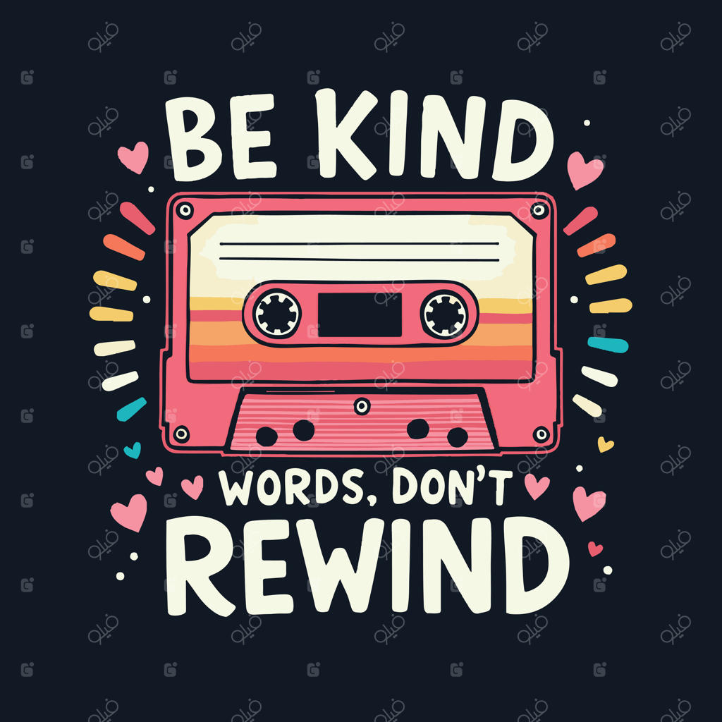 رادیوی صورتی و زرد با نوشته‌ی «مهربان باش، کلمات به عقب برنمی‌گردند»