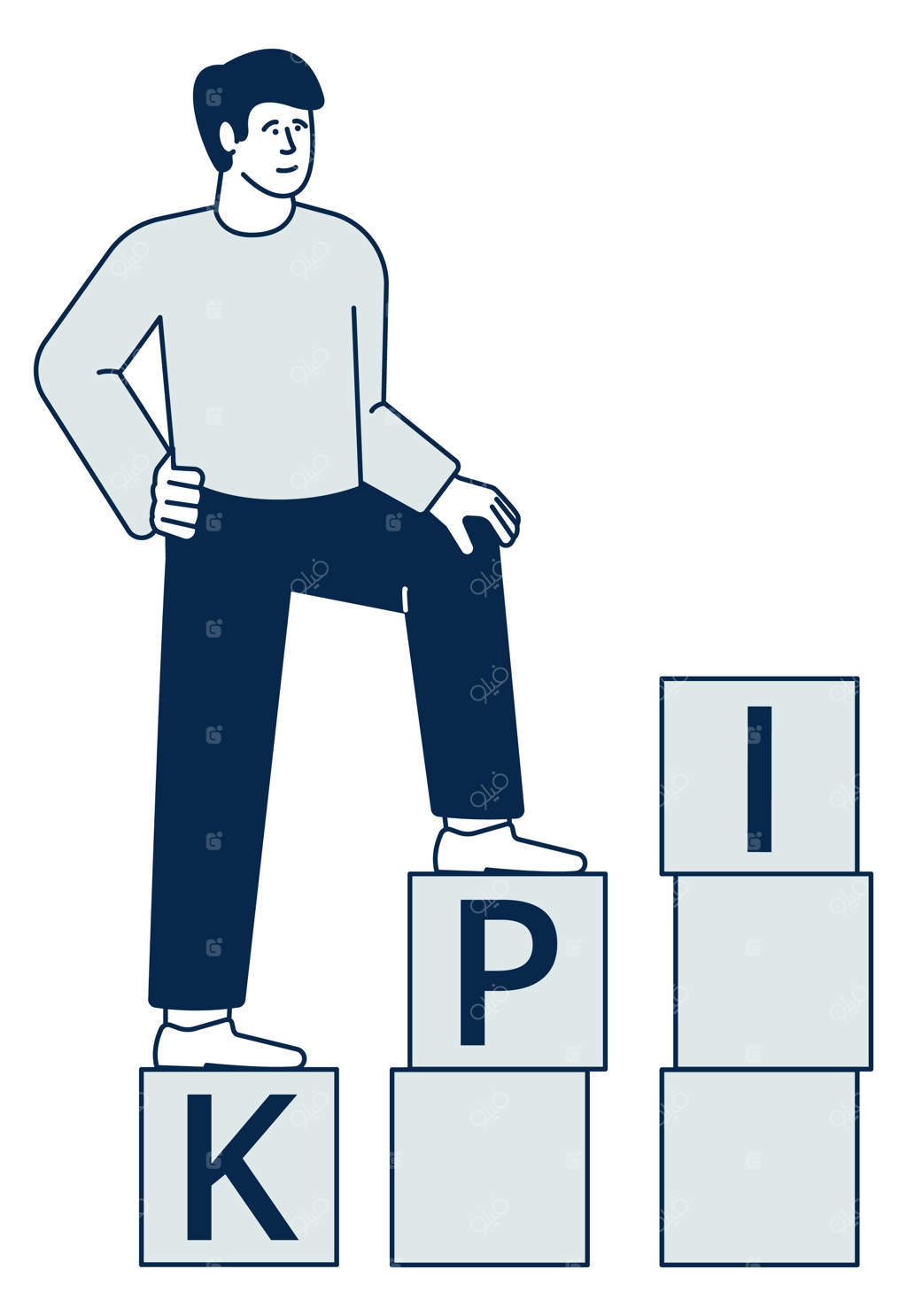 مردی در حال بالا رفتن از بلوک‌های شاخص کلیدی عملکرد - نماد رشد عملکرد بر روی زمینه سفید