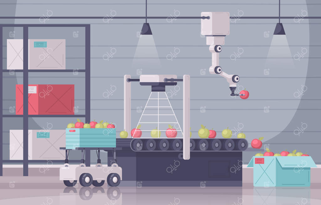 ترکیب کارتونی کشاورزی هوشمند با صحنه داخلی و ربات خودکار با جعبه میوه‌ها