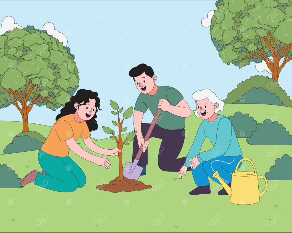 تصویر کارتونی از افراد نسل‌های مختلف در حال کاشت درخت به مناسبت روز جهانی محیط زیست. مناسب برای آگاهی‌بخشی زیست‌محیطی، پایداری و مراقبت از جامعه.