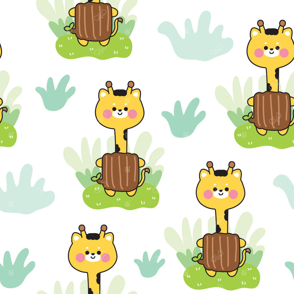 پترن یکپارچه زرافه‌های بامزه در تنه درخت در پس‌زمینه سفید باغ. برگ، چمن، طبیعت. شخصیت کارتون حیوانات وحشی. کاوایی. تصویرسازی.