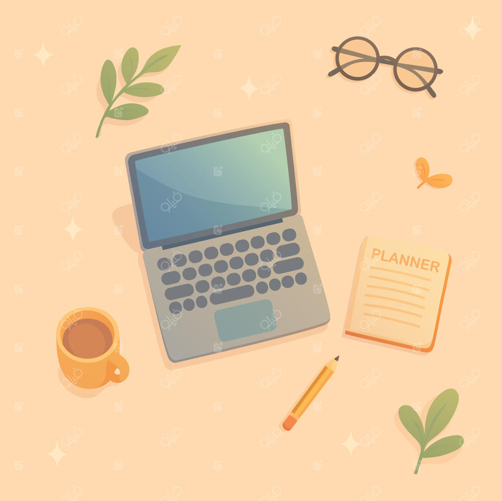 پترن میز کار شامل لپ‌تاپ، قهوه، عینک و دفترچه روی میز چوبی