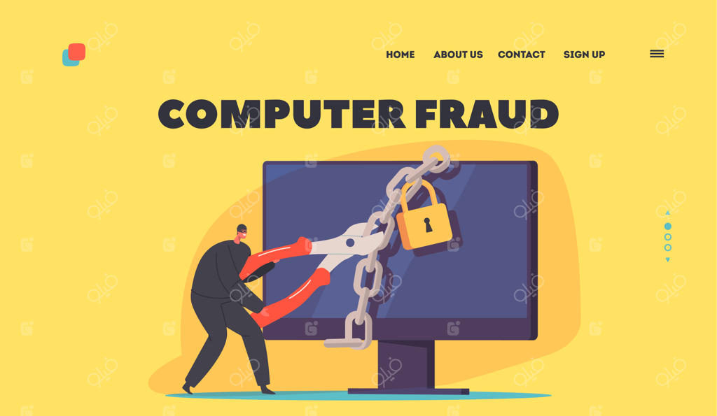 قالب صفحه فرود جرم سایبری و کلاهبرداری رایانه‌ای - دزد کوچک با ماسک و قیچی در حال تخریب قفل کامپیوتر بزرگ