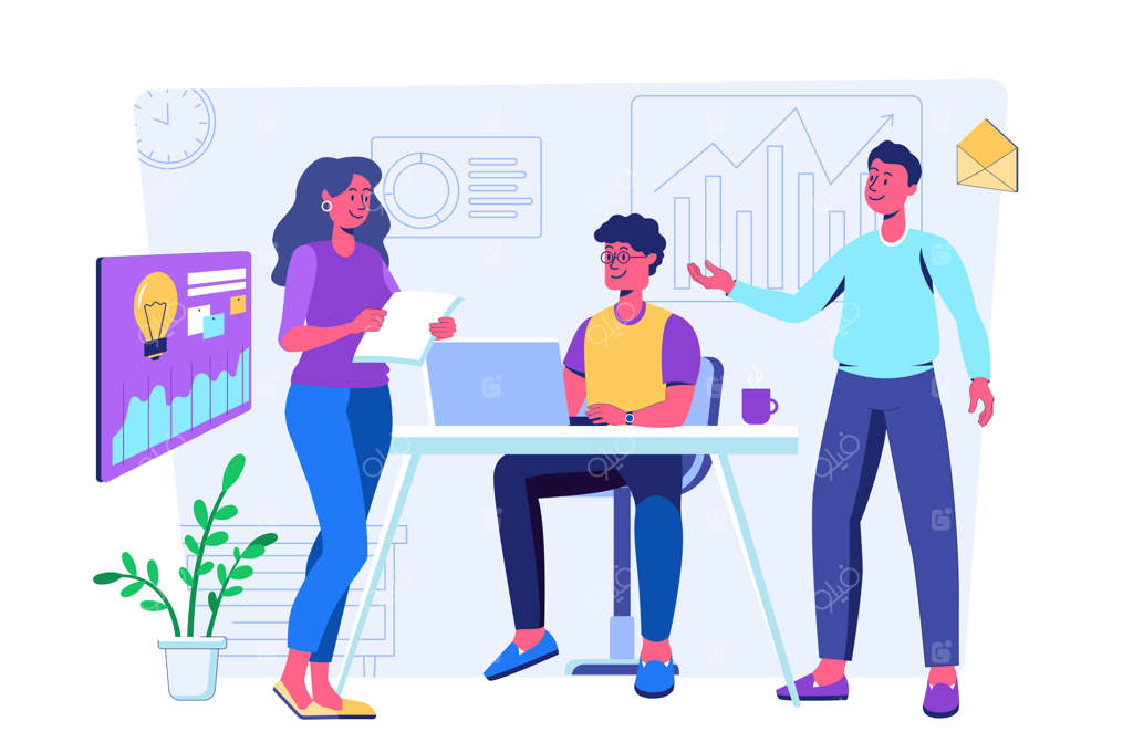 مفهوم کار تیمی با صحنه‌ای از افراد برای وب: مردان و زنان در حال بحث درباره وظایف و همکاری در محیط شرکت و ارتباط در دفتر. تصویرسازی وکتور با طراحی تخت.