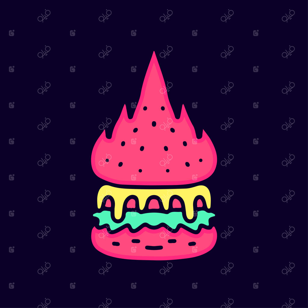 تصویرسازی کارتونی همبرگر آتشین برای طرح تیشرت، استیکر و پوشاک